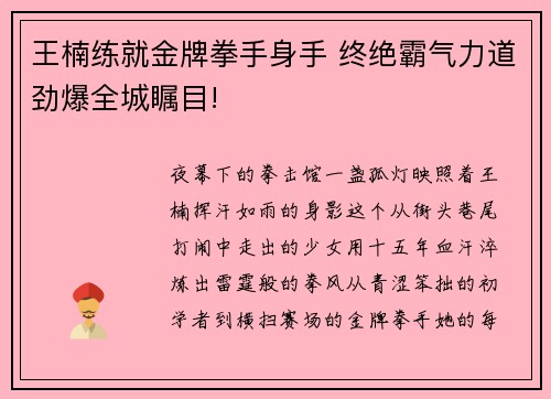 王楠练就金牌拳手身手 终绝霸气力道劲爆全城瞩目!